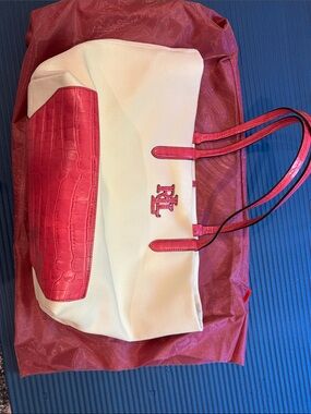 Lauren Ralph Lauren White Canvas Tote with Pink Croc-Texture Accents
